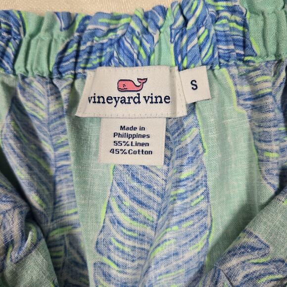Vineyard Vines Linen Cotton Mini Shift Dress sz S Blue Green Leaf Tropical - Picture 5 of 9